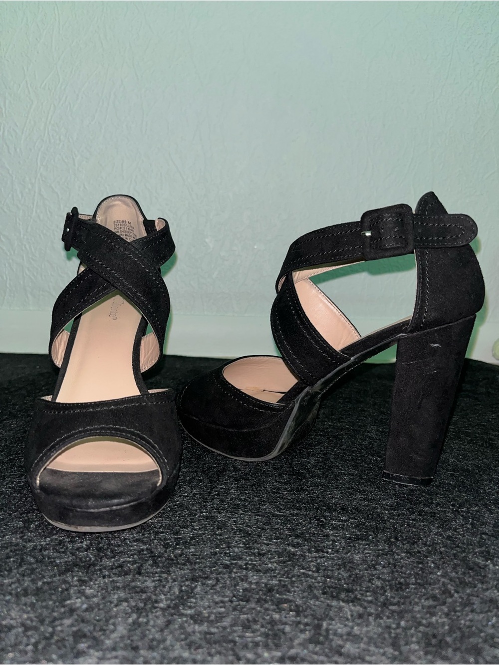 Black Suede Crisscross Platform Block Heel Sandals